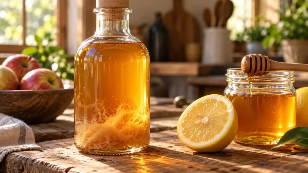 Raw unfiltered apple cider vinegar, fresh lemon, and raw honey used to make the healing morning glow ACV detox drink.