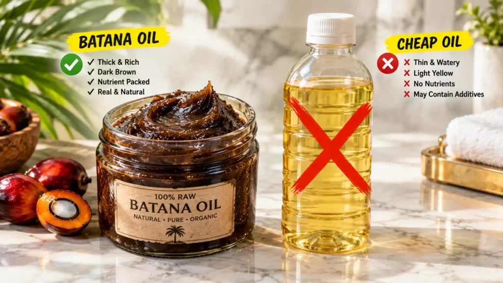 A side-by-side texture comparison of real dark paste and fake yellow liquid, crucial to know before learning how to use batana oil for hair growth.