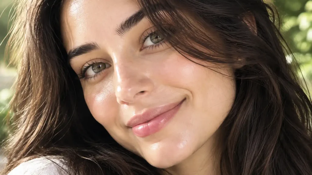 A confident woman showing off her incredibly smooth, tight, and glowing glass skin after consistently using the castor oil and frankincense for face remedy.