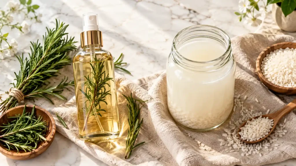 A side-by-side comparison of rosemary water vs rice water for natural hair growth.