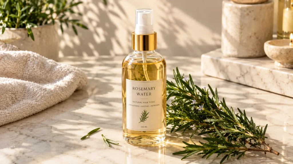 Fresh homemade rosemary water in a glass spray bottle used as a natural scalp treatment for hair growth.