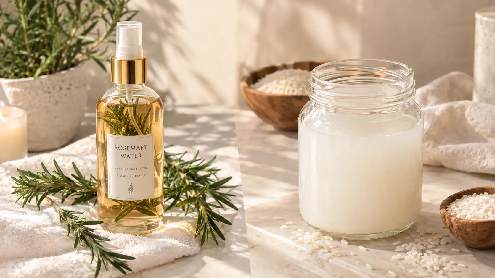 A side-by-side comparison of fresh rosemary water vs fermented rice water for natural hair growth, featuring raw ingredients in glass bottles.