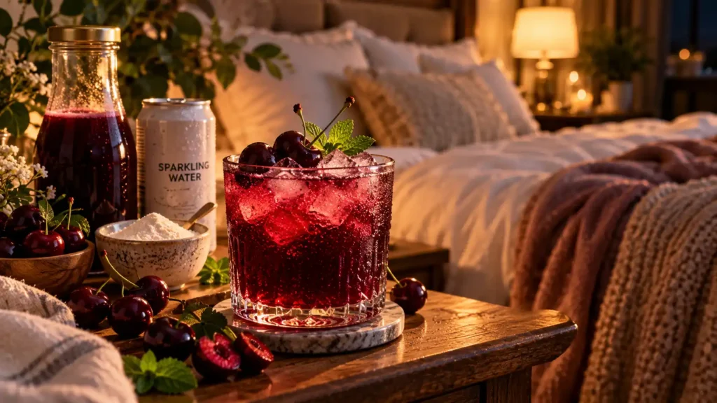 A beautiful glass resting on a nightstand before bed, featuring the perfect sleepy girl mocktail recipe for deep sleep.