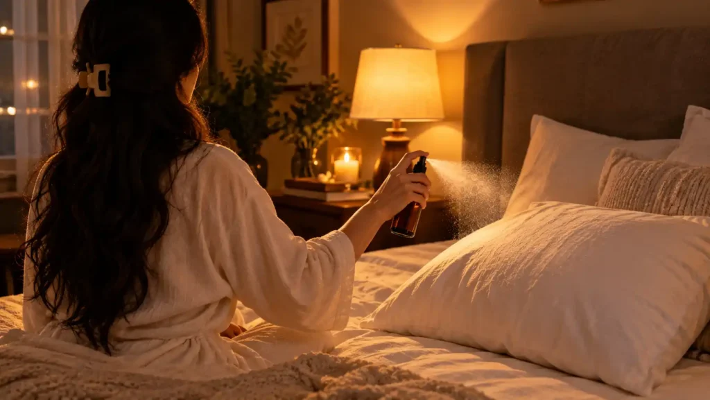 Misting a natural DIY lavender and chamomile pillow mist onto a white pillow and bedsheets to create a relaxing bedtime routine.