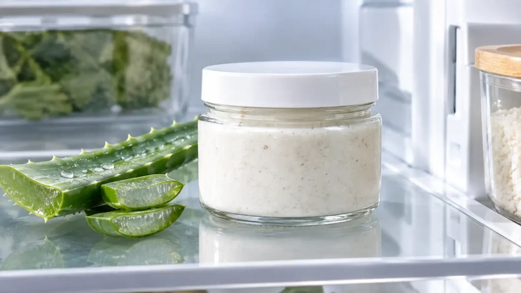 A small airtight glass jar used for safely storing a leftover DIY rice and oat face mask in the refrigerator to keep the natural ingredients fresh.