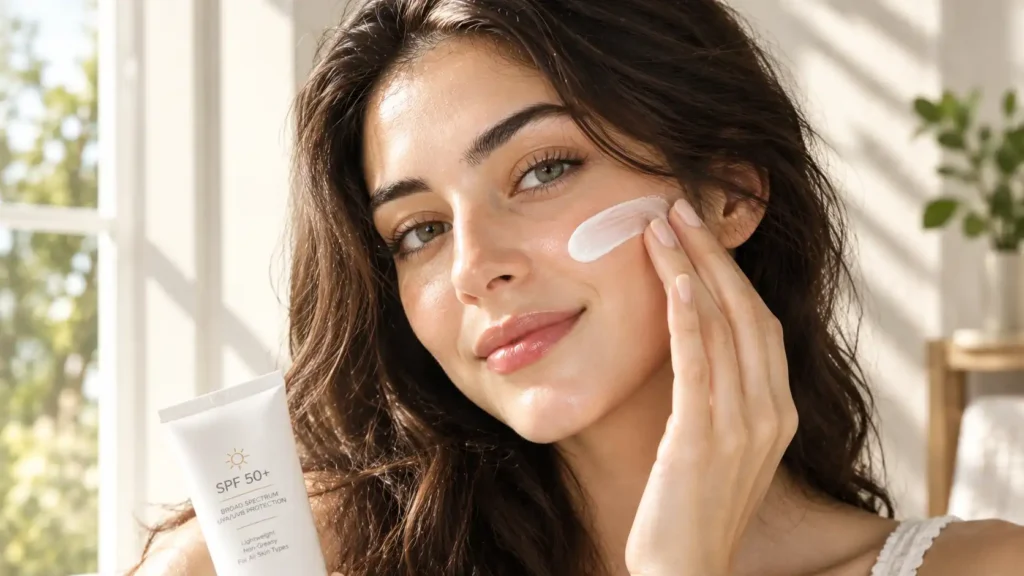 A young woman applying daily SPF sunscreen to protect her skin from UV rays and prevent dark spots after using a homemade DIY rice and oat face mask.