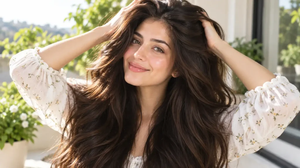 A happy young woman running her fingers through her incredibly thick, glossy, and voluminous hair after consistently using natural fenugreek water for hair growth.