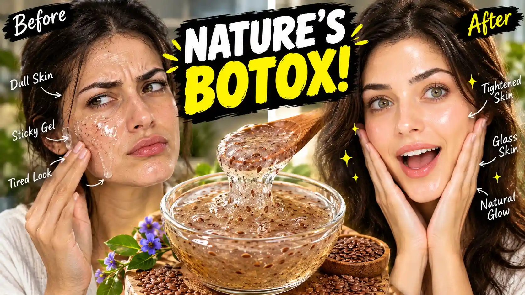 A viral before and after skincare transformation showing a woman achieving glowing glass skin and a natural tightening effect by using a DIY flaxseed face mask.