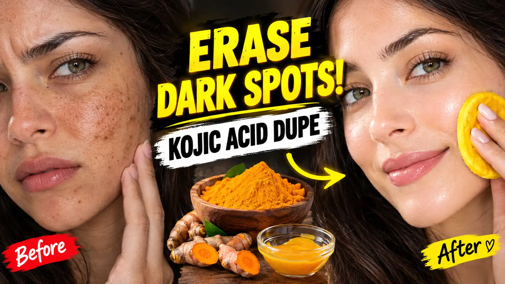 A dramatic before and after skincare transformation showing a woman fading stubborn dark spots and achieving flawless glass skin using natural DIY turmeric cleansing pads.