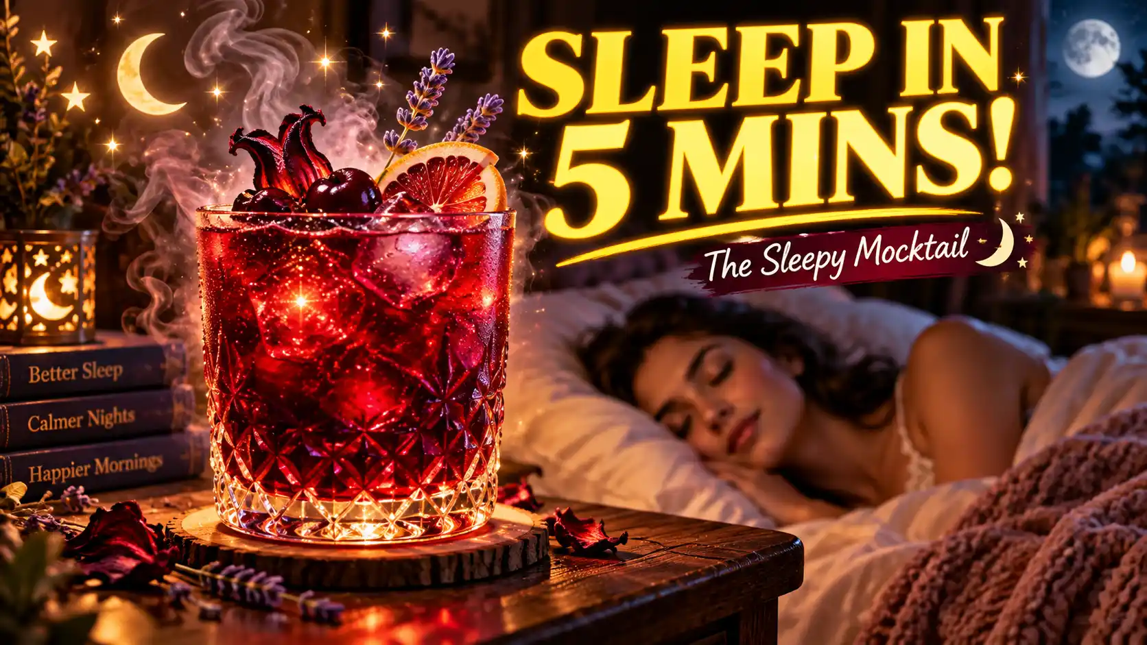 A glowing red drink on a nightstand representing the viral sleepy girl mocktail recipe to help you fall asleep fast.