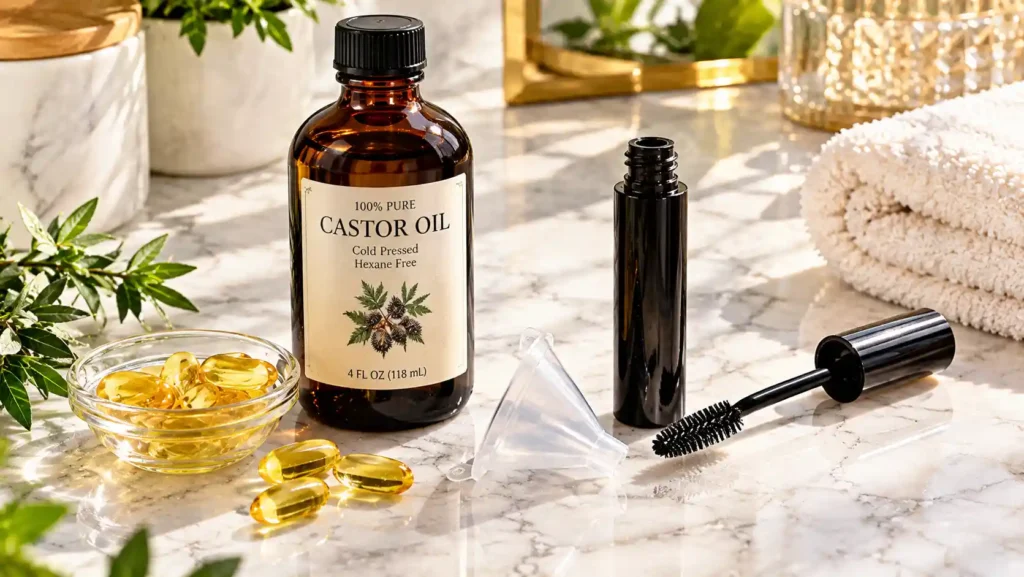 The premium organic oils and empty mascara tube required to make a safe, chemical-free DIY castor oil eyelash growth serum at home.