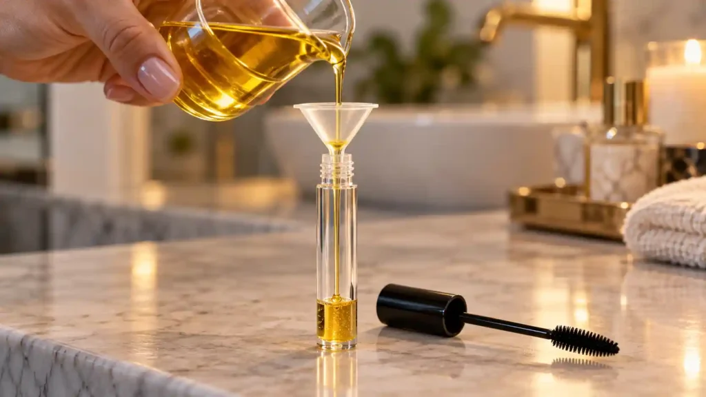 Carefully pouring warm golden oils through a tiny funnel into an empty tube to create a homemade DIY castor oil eyelash growth serum.