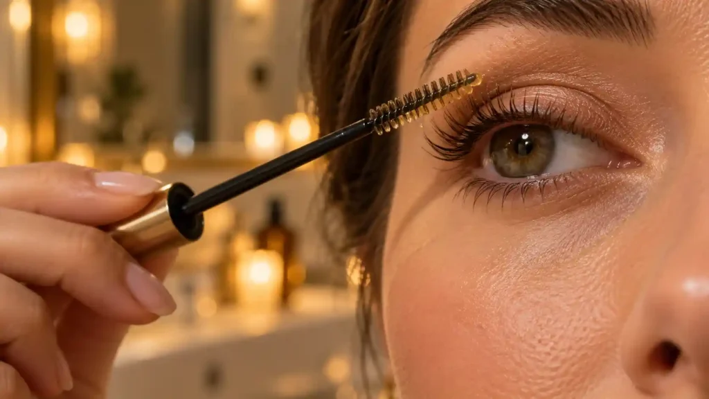Gently swiping a nourishing DIY castor oil eyelash growth serum onto the upper lashes using a clean spoolie wand before bed.
