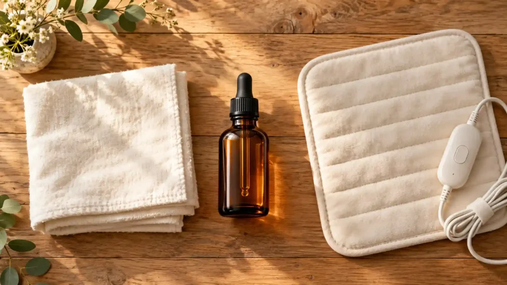 The essential organic supplies and glass bottle needed when learning how to use castor oil packs for bloating and liver detox at home.