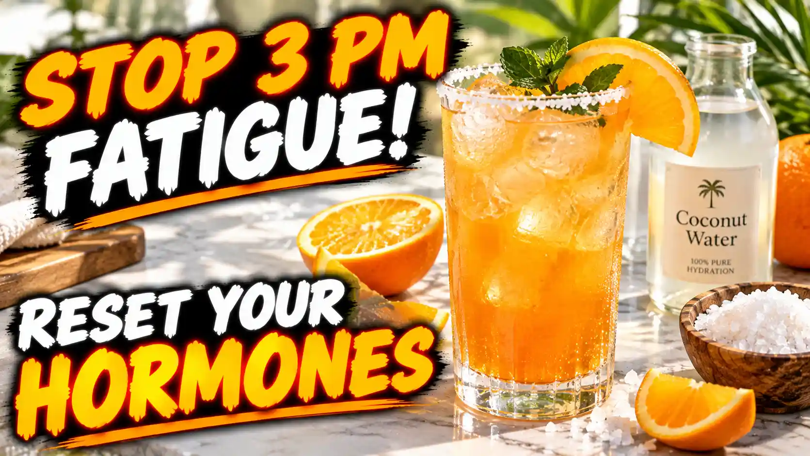 A refreshing glass of orange and coconut water showing how to make the ultimate DIY adrenal cocktail recipe for cortisol to stop 3 PM fatigue and balance hormones.