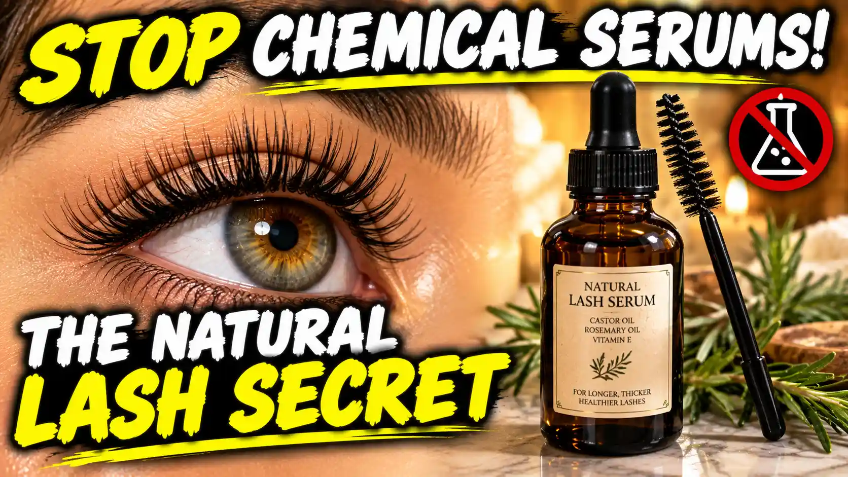 An extreme close-up of long, natural eyelashes next to an amber glass bottle, showing how to make a safe and effective DIY castor oil eyelash growth serum to replace harsh chemicals.