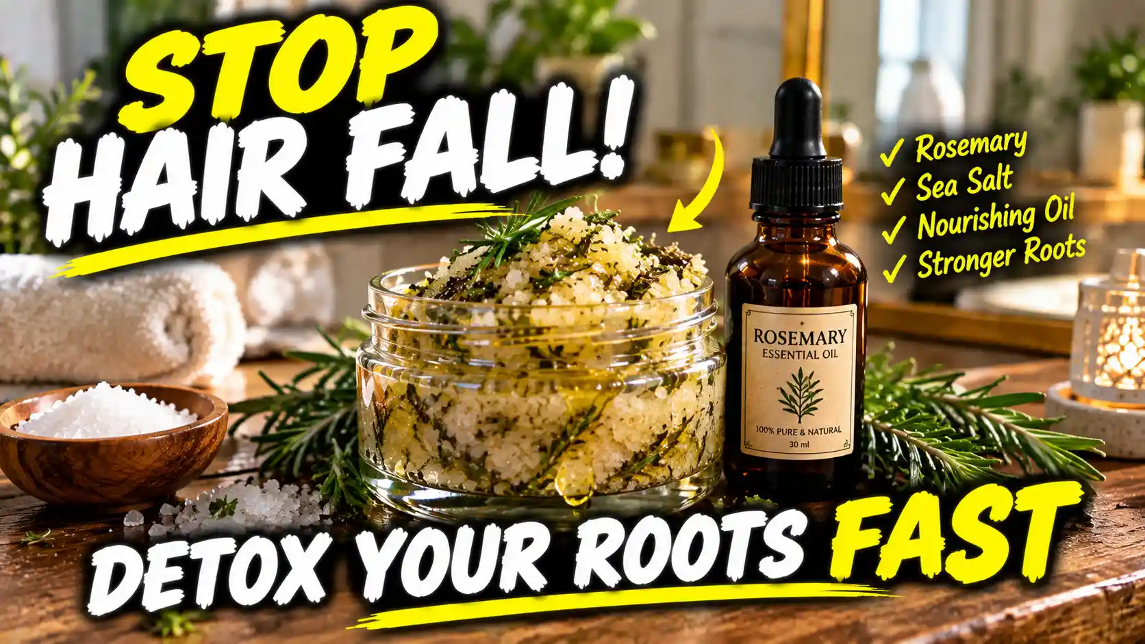 A glass jar filled with sea salt, golden jojoba oil, and fresh herbs to demonstrate how to make the ultimate DIY rosemary scalp scrub for hair growth and root detox.