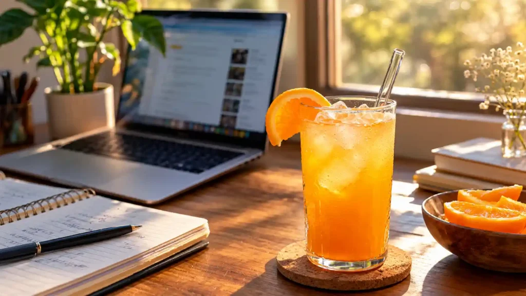 Enjoying a refreshing DIY adrenal cocktail recipe for cortisol balance at the office desk to naturally cure the 3 PM afternoon energy crash.