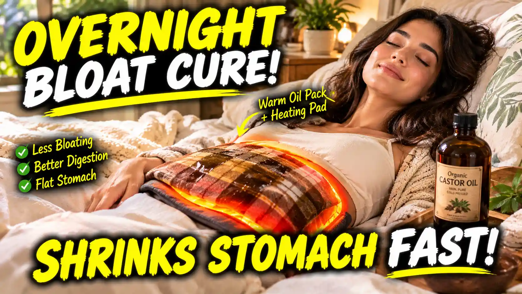 A woman applying a warm compress with a heating pad, demonstrating exactly how to use castor oil packs for bloating to achieve a flat stomach overnight.