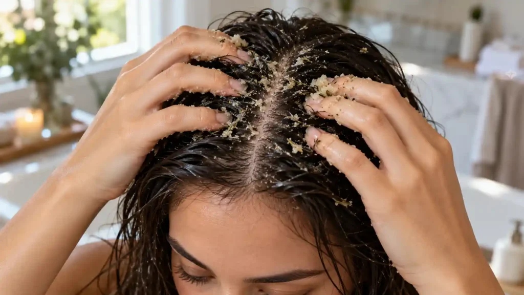 Gently massaging the roots to demonstrate the correct lymphatic application technique for a DIY rosemary scalp scrub for hair growth and follicle detox.