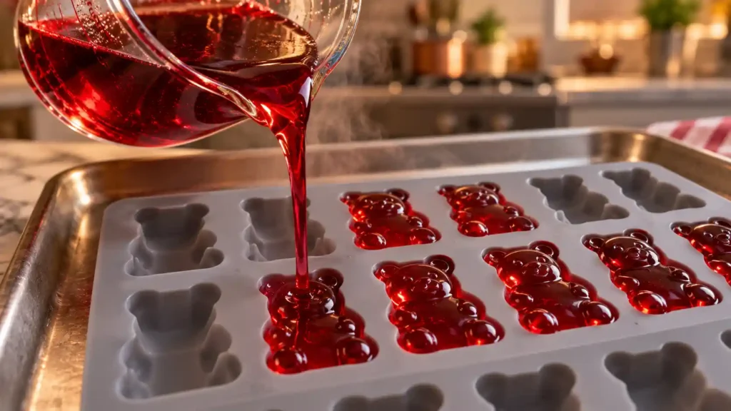 Carefully pouring the warm tart cherry liquid into silicone molds while following a homemade magnesium sleep gummies recipe.