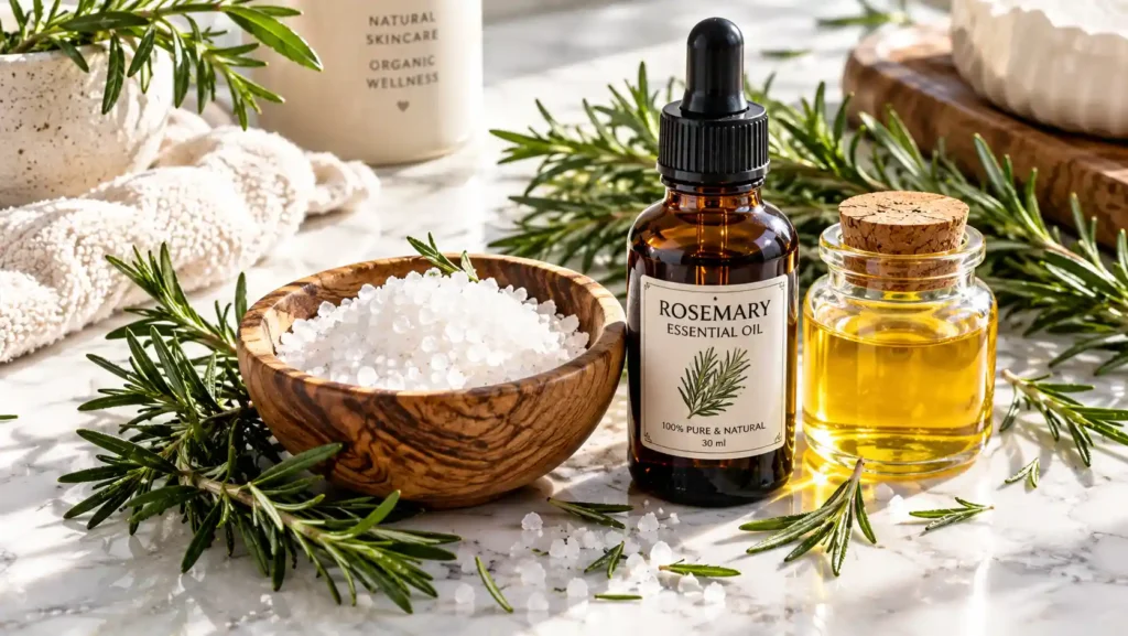 The premium organic ingredients needed to create a highly effective DIY rosemary scalp scrub for hair growth at home.